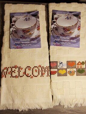 Charles Craft HomeDec Finished Cross Stitch Kitchen Towels X2 100% Cotton NEW